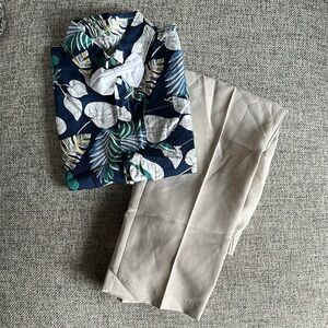 Nautica Blue and Green Leaf Print Shirt with Tan Pants
